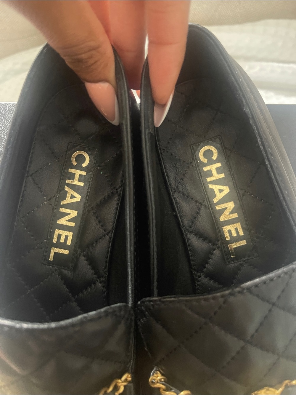 Authentic CHANEL Black Quilted Leather Pearl & Gold Chain Loafers - Picture 2 of 9